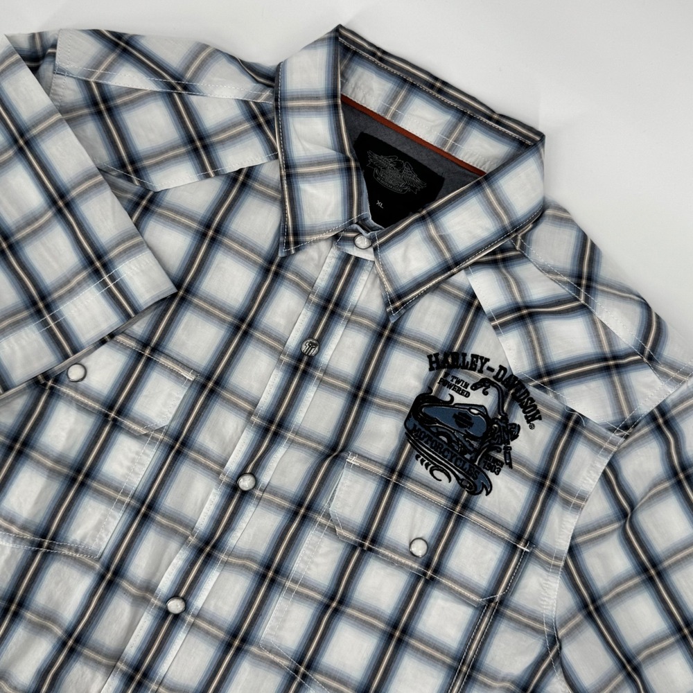 Harley-Davidson‎ Plaid Snap Front Shirt XL Short Sleeve Embroidered Logo
